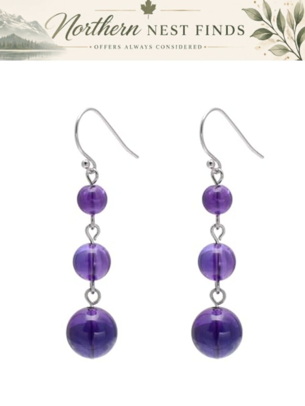 Amethyst Round Bead Dangle Earrings 925 Sterling Silver Fishhook